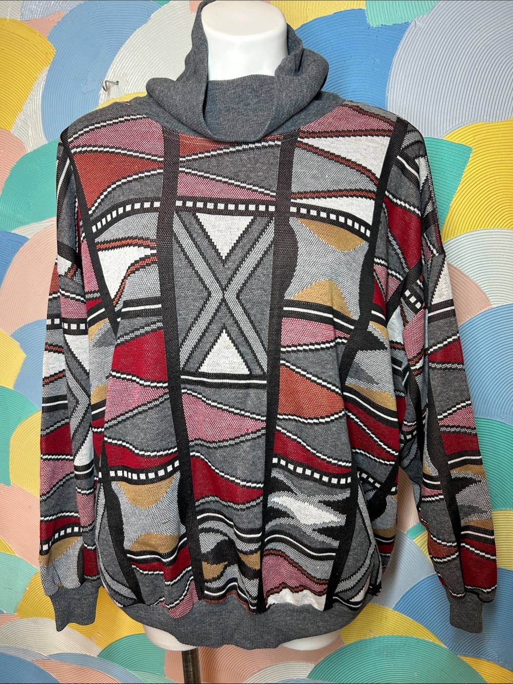 Vintage Top Notch Men's Gray Geometric Turtleneck Sweater Multi-Color Pattern